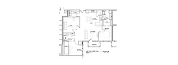 A floor plan of a house with a kitchen, living room, and two bedrooms.