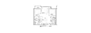 A floor plan of a house with a living room, two bedrooms, a bathroom, and a kitchen.