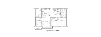 A floor plan of a house with a kitchen, living room, and bathrooms.