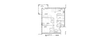 A floor plan of a building with labeled rooms and dimensions.