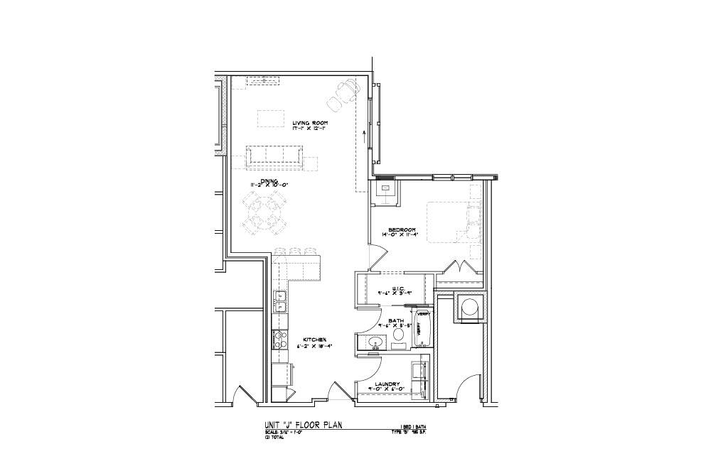 A floor plan of a house with a kitchen, living room, and two bedrooms.