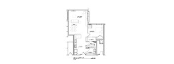 A floor plan of a house with a kitchen, living room, and two bedrooms.