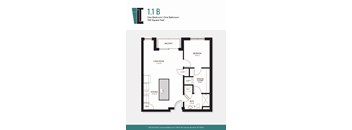 A floor plan of a 1.1 B apartment with one bedroom and one bathroom.