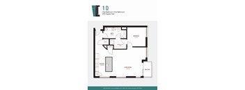 A floor plan of a 1D apartment with one bedroom and one bathroom.