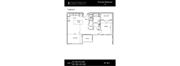 A floor plan for a 1 bedroom apartment in The District Riverside Residences.