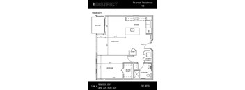 A black and white diagram of a one bedroom apartment layout.