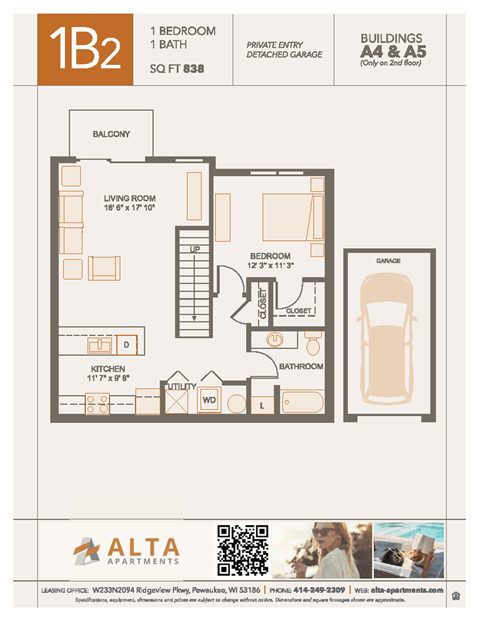 A floor plan for a 1 bedroom, 1 bath apartment sized at 838 square feet.