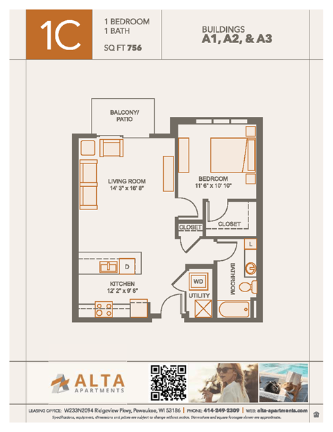 A floor plan for a 1 bedroom, 1 bath apartment sized 756 square feet.