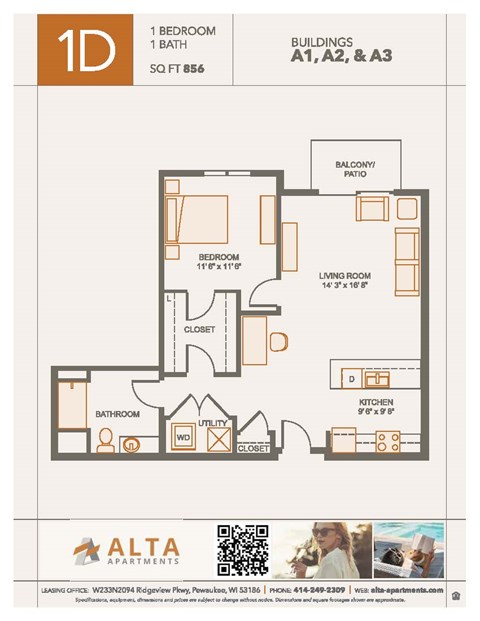 A floor plan for a 1 bedroom, 1 bath apartment sized at 856 square feet.