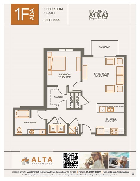 A floor plan for a 1 Bedroom, 1 Bath apartment at Alta Apartments.