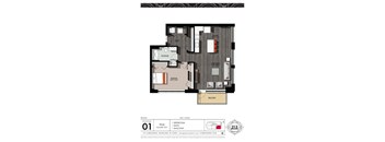 A floor plan of a 924 square feet apartment with one bedroom, one bathroom, and one balcony.