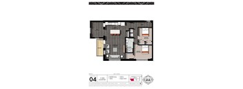 A floor plan of a 1,108 square feet condo priced at $04.
