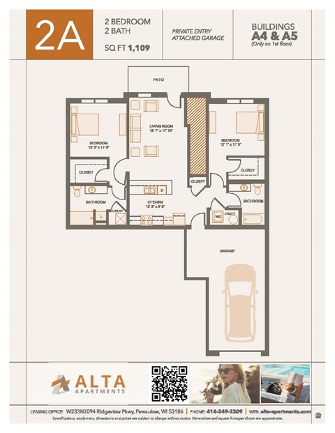 A floor plan for a 2 bedroom, 2 bath apartment sized 1109 square feet.