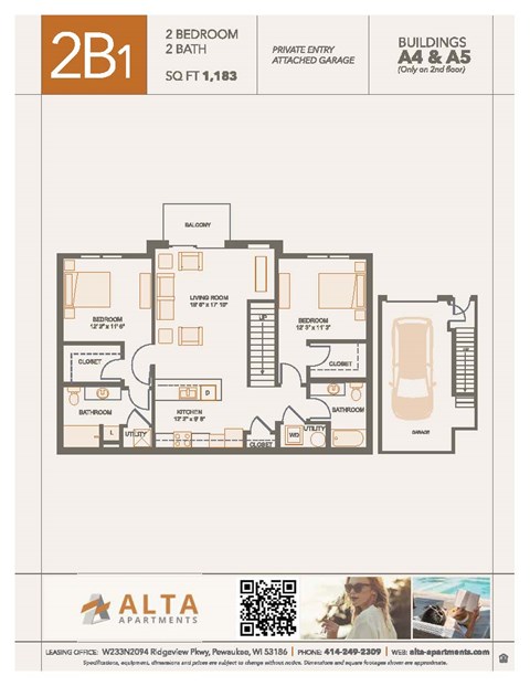 A floor plan for a 2B1 apartment at Alta Apartments.