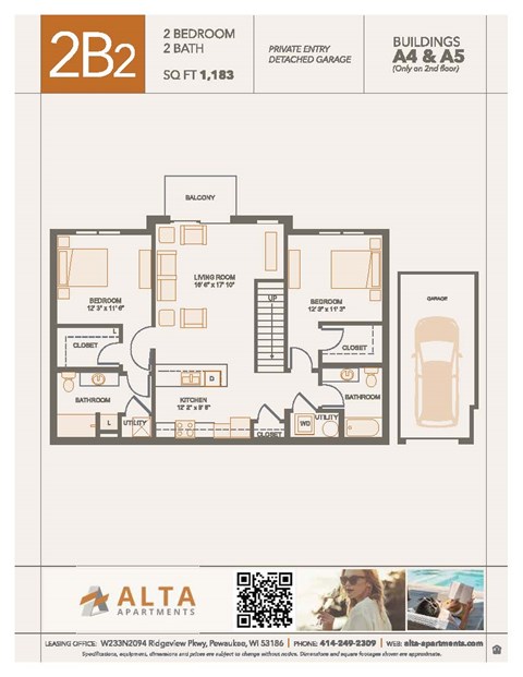 A floor plan for a 2B2 apartment in Alta Apartments.