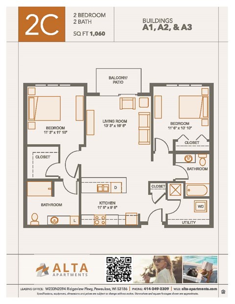 A floor plan for a 2 bedroom, 2 bath apartment sized at 1,060 square feet.