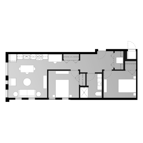 a floor plan of a small house with a green yard