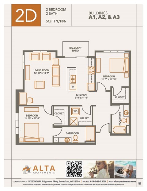 A floor plan for a 2 bedroom, 2 bath apartment sized 1,186 square feet.