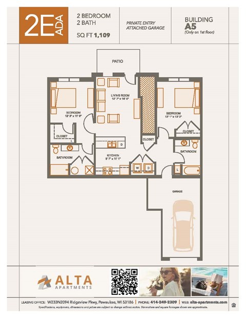 A floor plan for a 2 bedroom, 2 bath apartment sized at 1109 square feet.