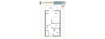 A floor plan for a studio apartment with a living room, kitchen, bathroom, and balcony.