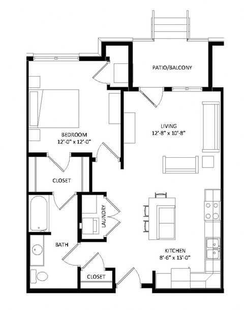1 Bedroom A1 Floor Plan at Two Points Crossing, Madison, 53593