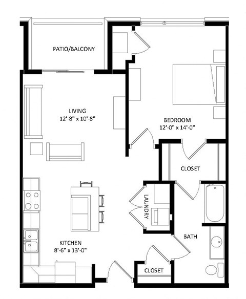 1 Bedroom A2 Floor Plan at Two Points Crossing, Madison, Wisconsin