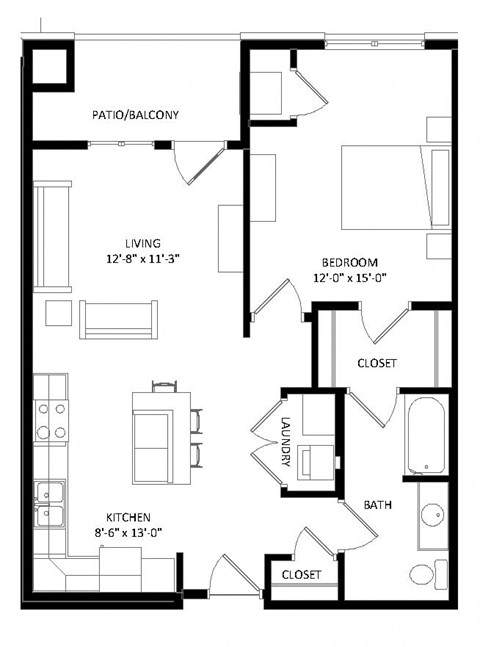 1 Bedroom A3 Floor Plan at Two Points Crossing, Madison