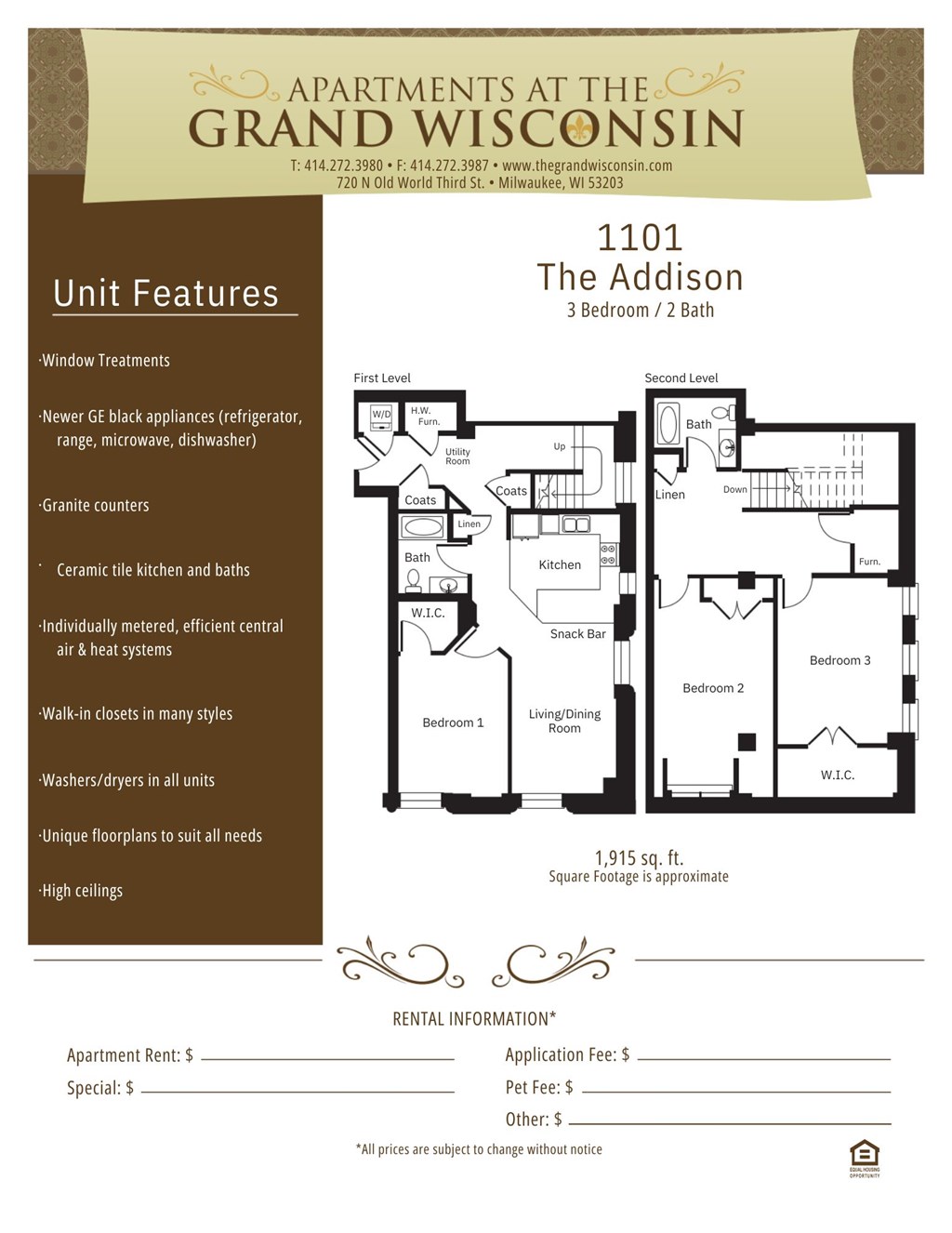 Apartment rental information of floor plan Addison at Grand Wisconsin, Milwaukee, WI, Wisconsin