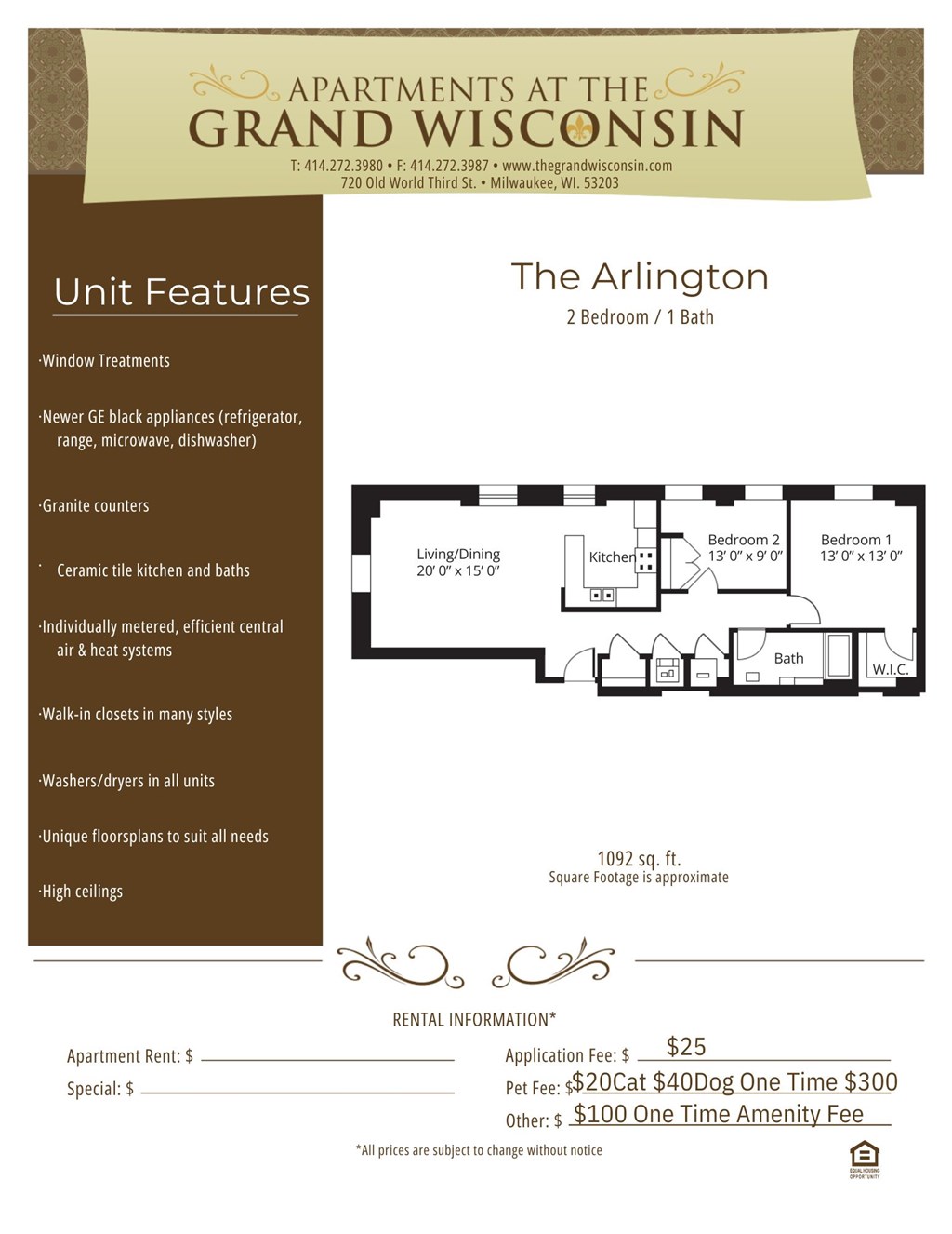 Apartment rental information of floor plan Arlington at Grand Wisconsin, Milwaukee, Wisconsin