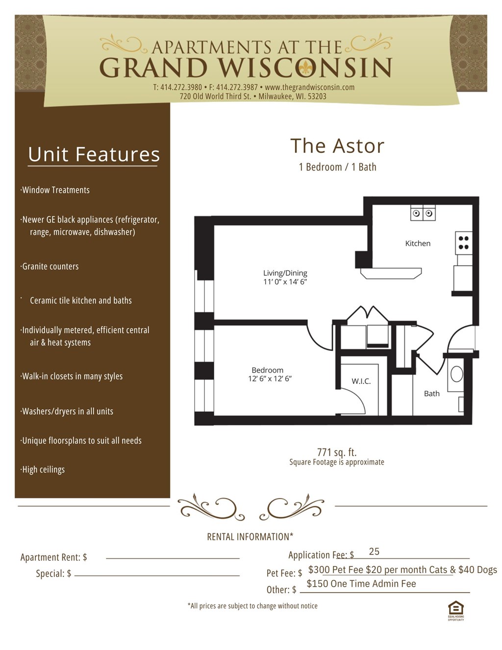 Apartment rental information of floor plan Astor(1) at Grand Wisconsin, Milwaukee