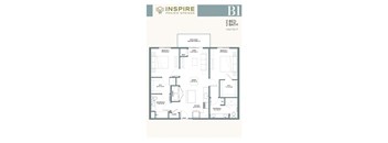 A floor plan for a 2 bedroom, 2 bathroom apartment.