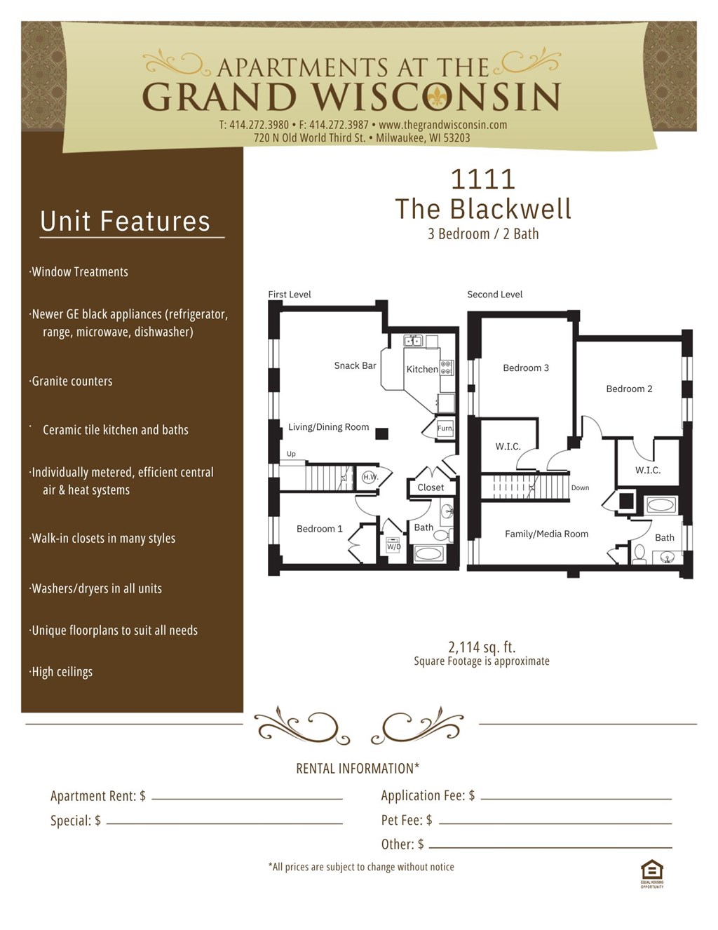 Apartment rental information of floor plan Blackwell at Grand Wisconsin, Wisconsin , 53203