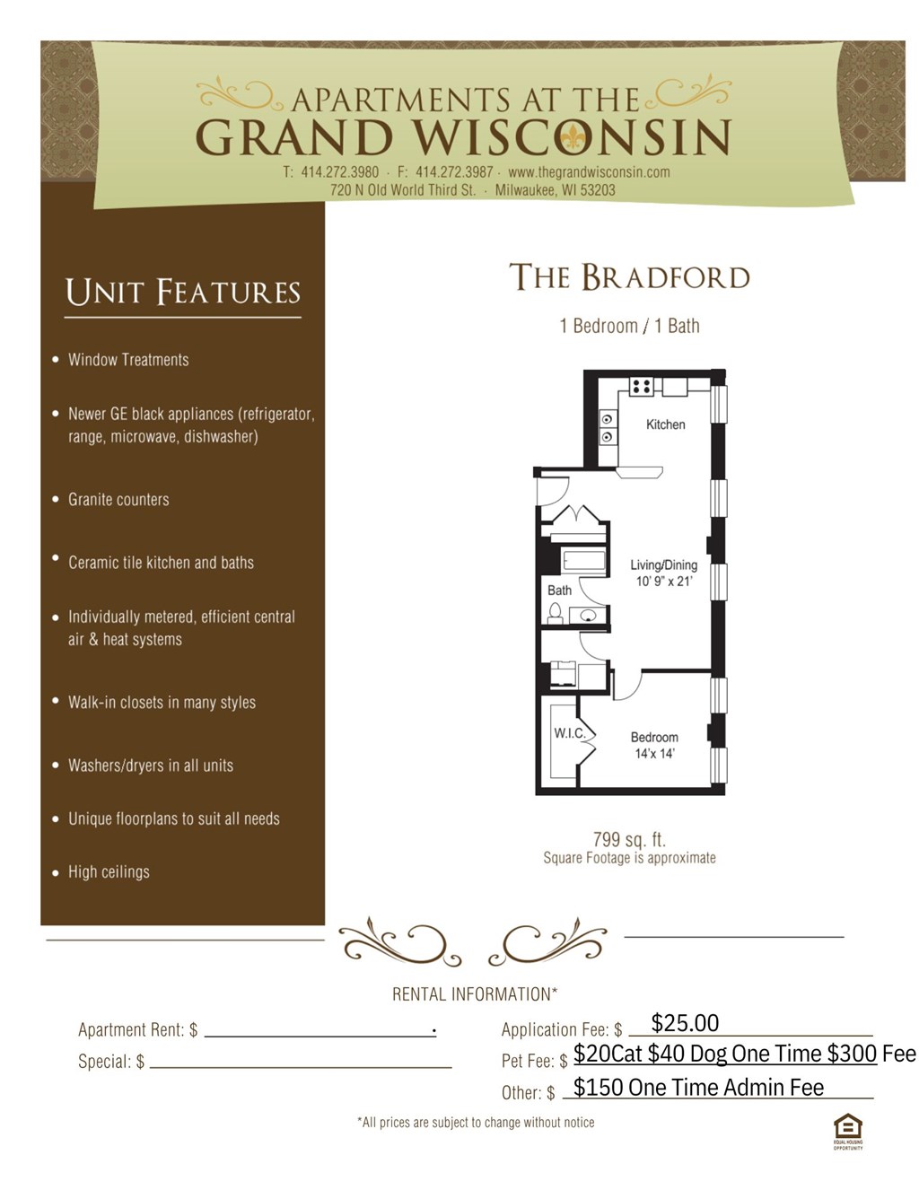 Apartment rental information of floor plan Bradford at Grand Wisconsin, Milwaukee, 53203