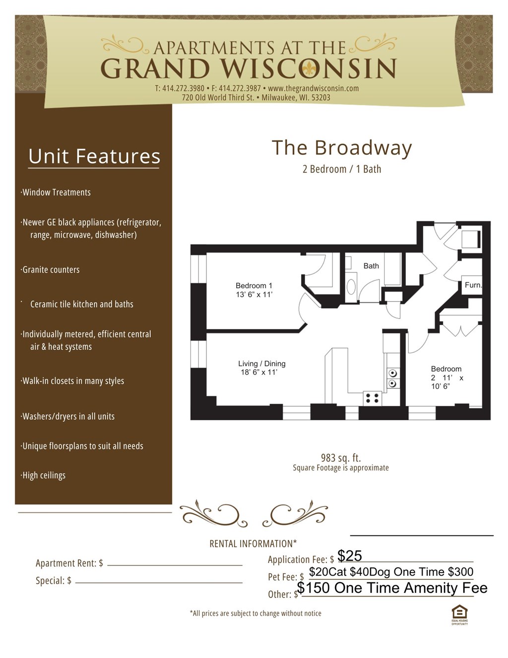 Apartment rental information of floor plan Broadway at Grand Wisconsin, Milwaukee, WI, Wisconsin , 53203