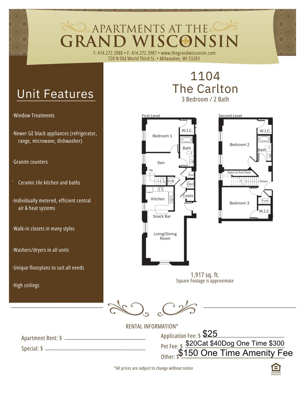 Apartment rental flyer for Carlton at Grand Wisconsin, Wisconsin
