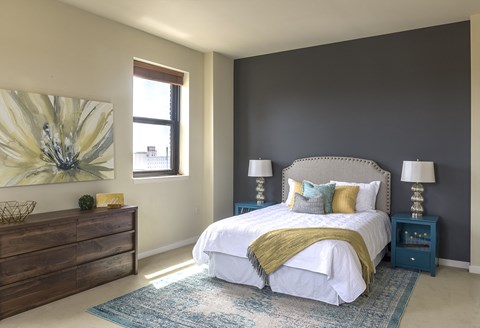 Beautiful Bright Bedroom With Wide Windows at Grand Wisconsin, Milwaukee, Wisconsin