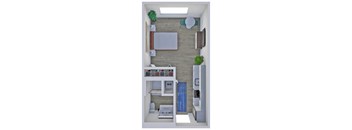 a stylized floor plan with a bedroom and a kitchen