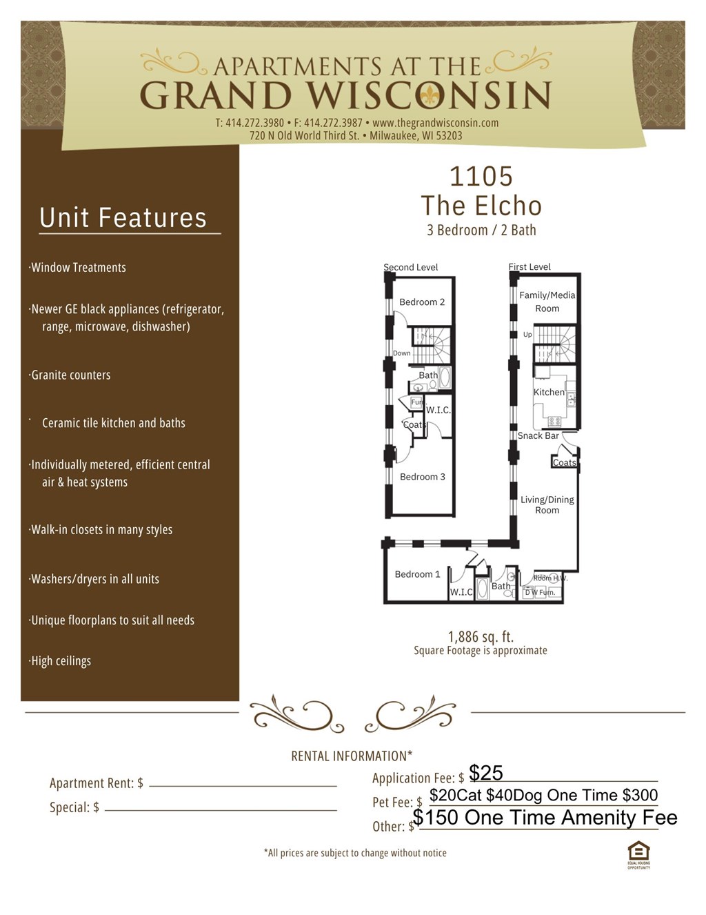 Apartment rental information of floor plan Elcho at Grand Wisconsin, Wisconsin