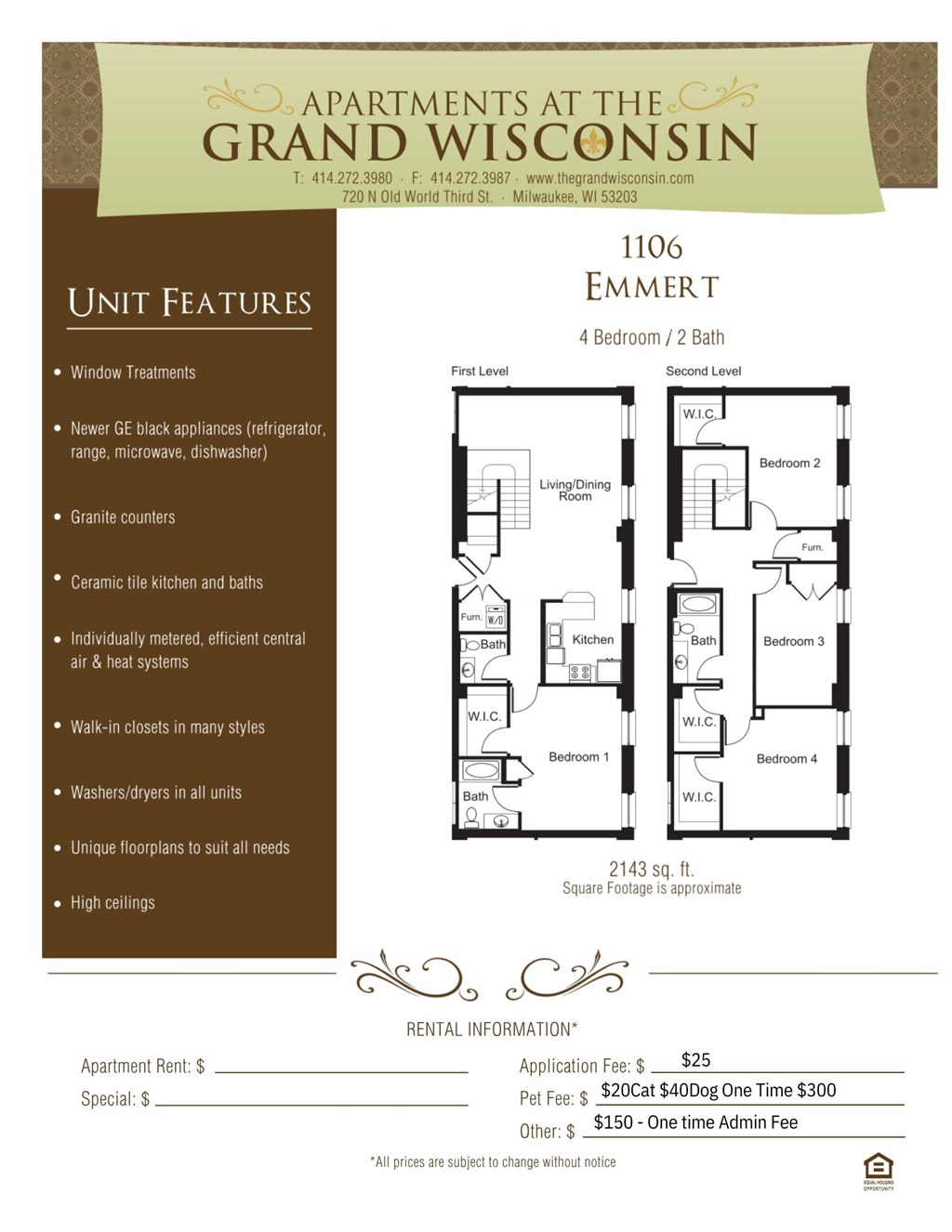 Apartment rental information of floor plan Emmert at Grand Wisconsin, Milwaukee, WI