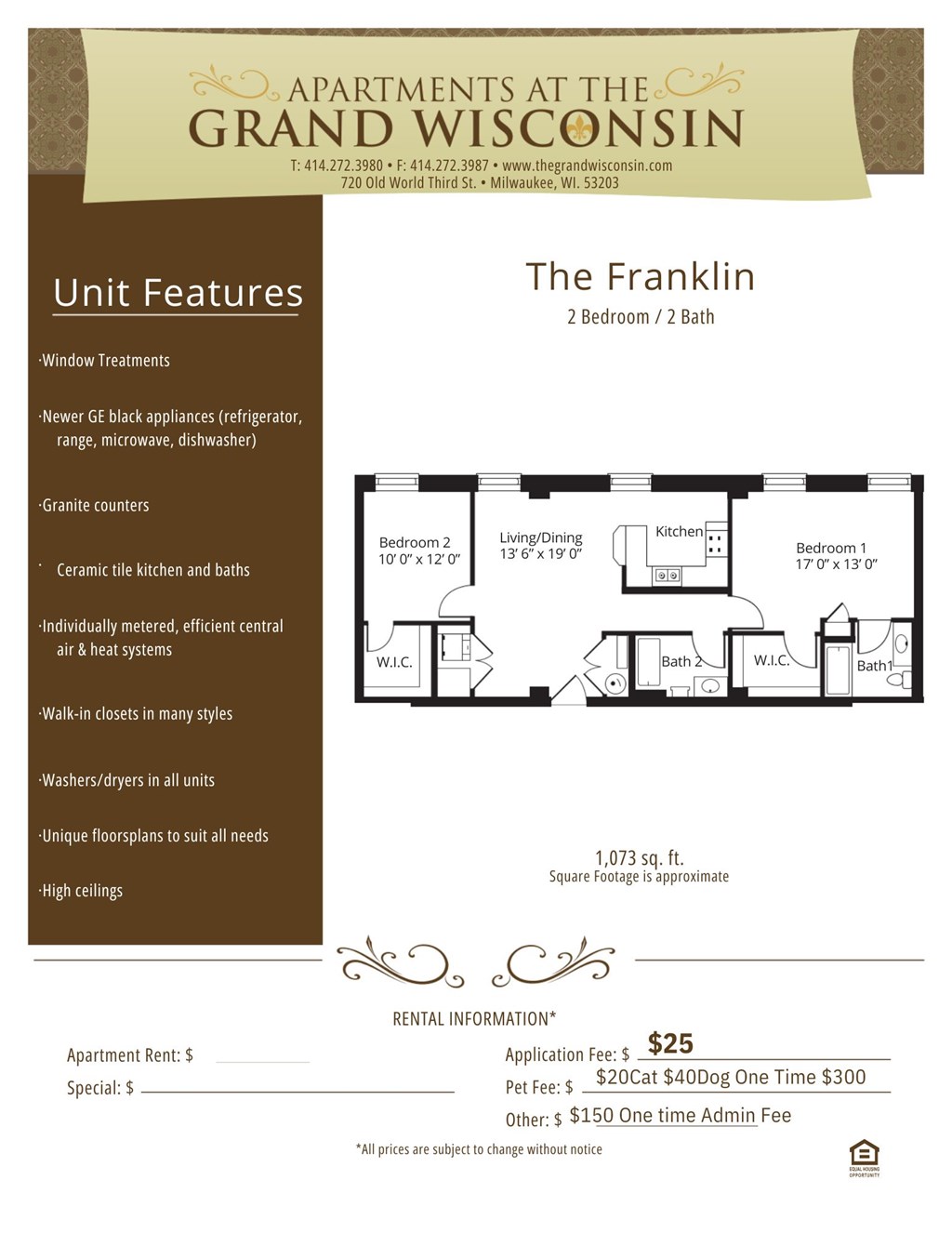 Apartment rental information of floor plan Franklin at Grand Wisconsin, Milwaukee, WI, Wisconsin
