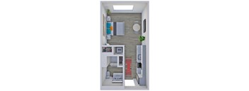 a stylized floor plan with a bedroom and a living room