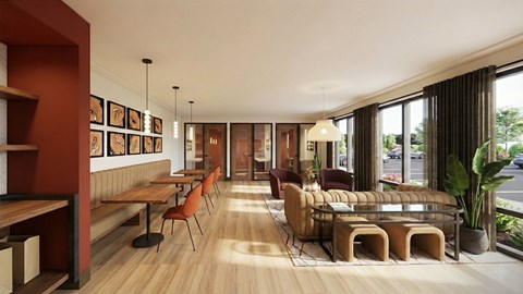 A modern dining area with wooden floors and furniture.