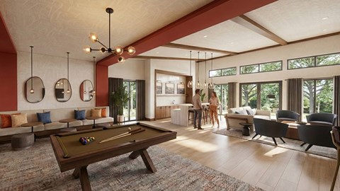 A woman is standing in a room with a pool table.