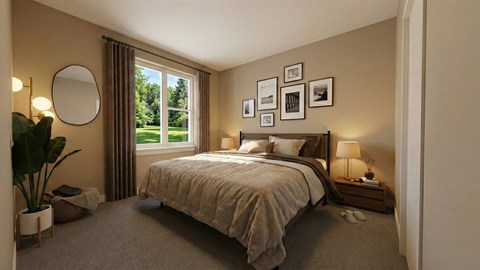 A bedroom with a large bed and a window with curtains.