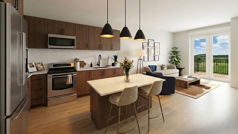 A modern kitchen with a dining table and chairs.