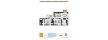 A floor plan for a 1 bedroom, 2 bathroom apartment.
