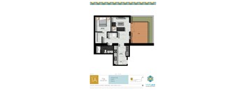 A floor plan of a 736 square feet apartment with one bedroom, one bath, and one deck.