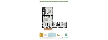 A floor plan of a 1 bedroom, 2 bathroom unit at InterLace bouquet apartments.