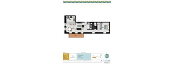 A floor plan of a one bedroom apartment with a living room, kitchen, and bathroom.