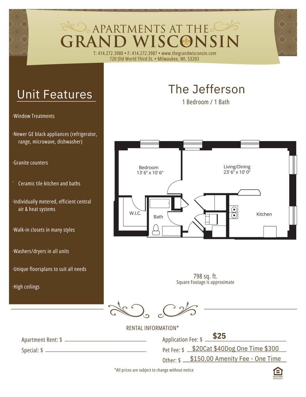 Apartment rental information of floor plan Jefferson at Grand Wisconsin, Milwaukee, Wisconsin